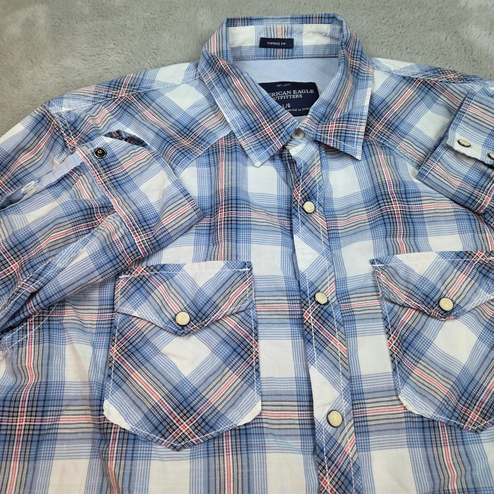 American Eagle Western Pearl Snap Shirt Mens Large Blue White Plaid Vintage Fit
